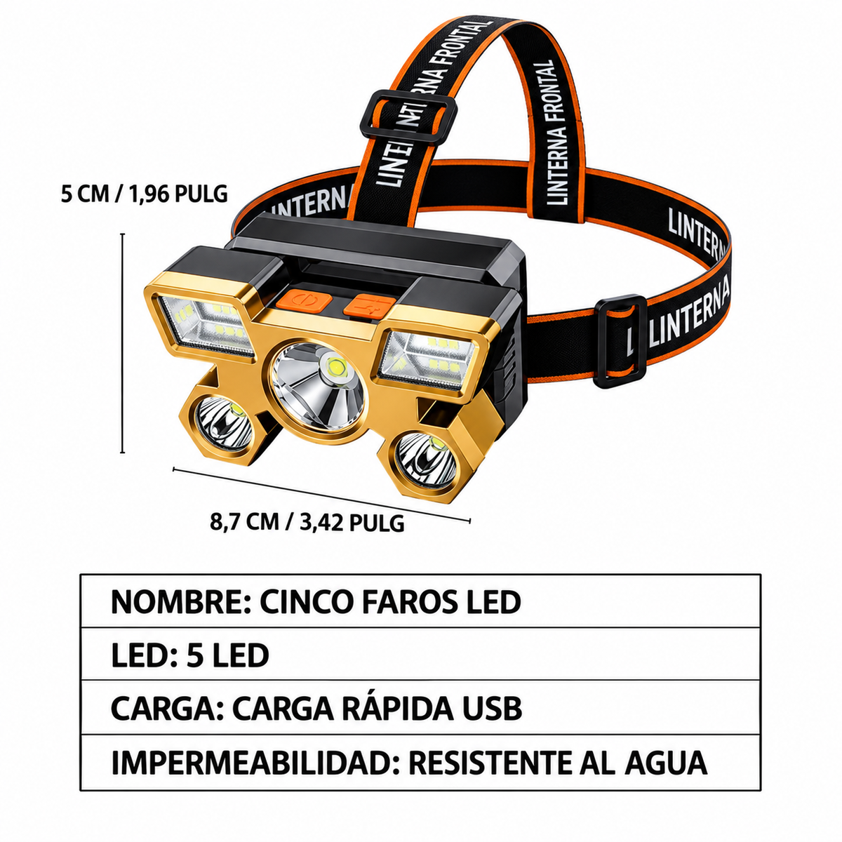 Linterna Frontal LED 5 en 1 – Recargable USB y Resistente al Agua