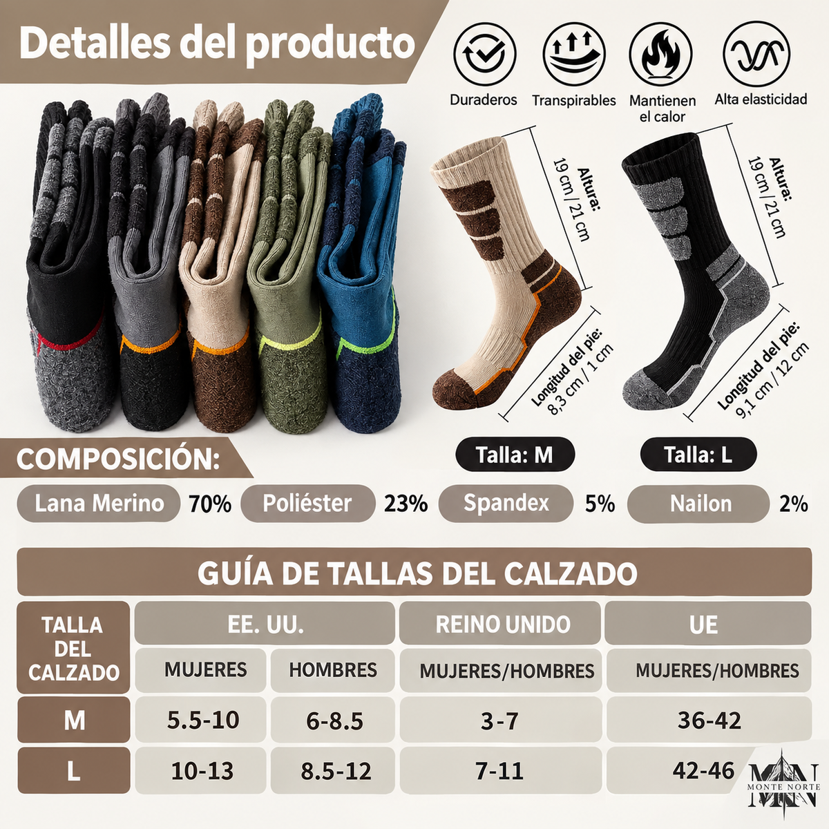 Calcetines Merino Hiking - Antisudor, Antibacteriano (Pack 5 pares)