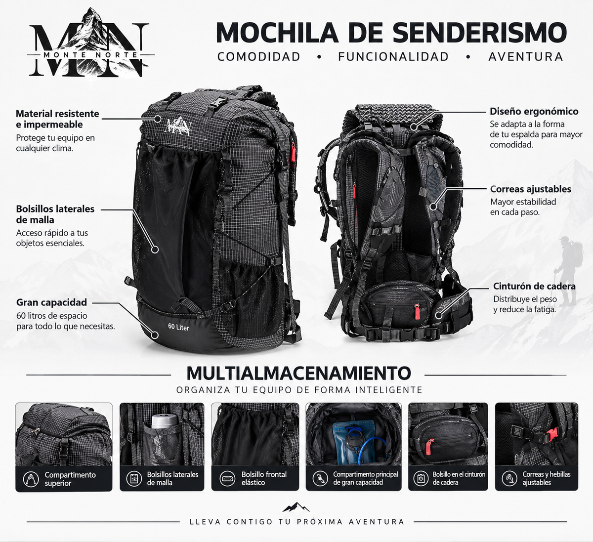 Mochila Trekking 40-60L Impermeable - Senderismo y Camping
