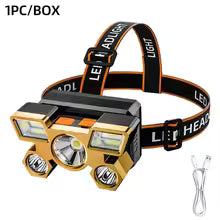 Linterna Frontal LED 5 en 1 – Recargable USB y Resistente al Agua